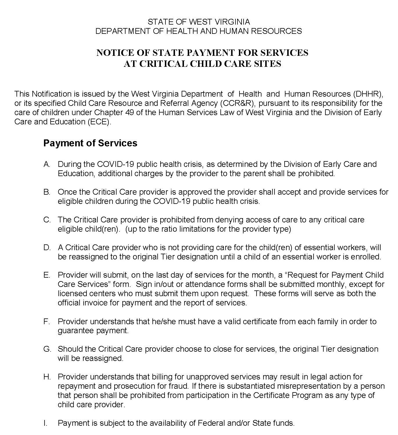 Attention Critical Child Care Sites Notice Of State Payment For Services At Critical Child Care Sites