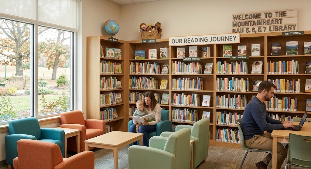 Inside a modern library's children's area with wooden bookshelves. Natural light from a large window overlooks a landscaped outdoor park. A woman in a blue armchair reads a book to a toddler. On the right, a man uses a laptop at a table. Signs on the wall and shelves read: MOUNTAINHEART BTT NEWSLETTER LIBRARY, BTT NEWSLETTER LIBRARY, REGIONAL ADMINISTRATIVE UNITS 5, 6, & 7 ARCHIVE VOLUMES: 2025 - 2026, WEST VIRGINIA RESOURCES, and others. A globe and stuffed animals rest on top of the shelves.